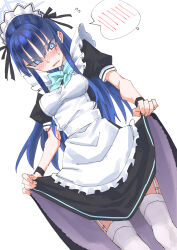 Rule 34 | 1girl, absurdres, apron, black dress, blue archive, blue eyes, blush, bow, bowtie, commentary request, dress, dutch angle, frilled apron, frills, garter straps, halo, highres, long dress, long hair, maid, maid apron, maid headdress, puffy short sleeves, puffy sleeves, saori (blue archive), shiratama (siratama5656), short sleeves, skirt hold, solo, thighhighs, white apron, white background, white thighhighs