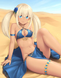 Rule 34 | 1girl, bare shoulders, blonde hair, blue eyes, blunt bangs, bracelet, breasts, cleavage, commentary, dancer, dark-skinned female, dark skin, day, desert, eyes visible through hair, female focus, flower, gold trim, groin, hair flower, hair ornament, jewelry, long hair, looking at viewer, medium breasts, navel, o-ring, o-ring bottom, o-ring top, original, outdoors, pelvic curtain, sand, sasaame, smile, solo, thighlet, twintails