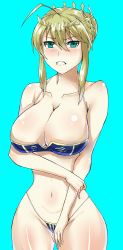 Rule 34 | 1girl, angry, artoria pendragon (all), artoria pendragon (fate), artoria pendragon (lancer) (fate), bare shoulders, bikini, blonde hair, blue background, blue eyes, blush, braid, breasts, cleavage, clenched teeth, crown, curvy, fate/grand order, fate (series), hair bun, highres, large breasts, navel, open mouth, saber (fate), single hair bun, solo, swimsuit, teeth, wide hips