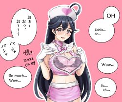 Rule 34 | 1girl, ahoge, alternate costume, artist name, black bra, black hair, blush, bra, breasts, brown eyes, cleavage, cowboy shot, dated, english text, gloves, hair between eyes, hat, heart, kantai collection, large breasts, long hair, nurse cap, open mouth, pink background, pink skirt, see-through, signature, simple background, skirt, solo, speech bubble, tk8d32, translation request, underwear, ushio (kancolle), white gloves
