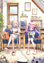 Rule 34 | 2girls, ahoge, animal ear piercing, animal ears, black choker, blue hair, blue ribbon, blunt bangs, blush, brat (brabrabrat00), cable, can, cat o-ring, choker, colored inner hair, commentary request, controller, copyright name, crossed legs, full body, game console, game controller, grey eyes, grey hair, hair between eyes, hair ribbon, highres, holding, holding controller, holding game controller, hololive, indoors, jewelry, lion ears, lion girl, lion tail, long hair, looking at viewer, minato aqua, multicolored hair, multiple girls, necklace, neko (minato aqua), o-ring, o-ring choker, official art, open mouth, pink hair, promotional art, purple eyes, red bull, ribbon, shirt, shishiro botan, short sleeves, sidelocks, single bare shoulder, sitting, slippers, smile, streaked hair, tail, teeth, twintails, two-tone hair, upper teeth only, virtual youtuber, white shirt, window