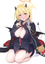 Rule 34 | 1girl, :o, absurdres, aged up, alternate costume, armband, black coat, black shirt, blonde hair, blue archive, blush, breasts, cleavage, clothing cutout, coat, collarbone, collared shirt, commentary request, demon girl, demon horns, demon tail, demon wings, embarrassed, hair between eyes, hair ribbon, halo, head tilt, highres, horns, ibuki (blue archive), large breasts, long hair, long sleeves, looking at viewer, murasame (jhrdtc), navel, navel cutout, necktie, one side up, open clothes, open coat, red armband, red necktie, ribbon, school uniform, seiza, shirt, sidelocks, simple background, sitting, socks, solo, stuffed animal, stuffed toy, tail, teddy bear, thick thighs, thighs, white background, white socks, wings, yellow eyes