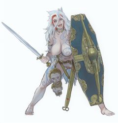 Rule 34 | 1girl, :d, blue eyes, breasts, female pubic hair, full-body tattoo, full body, gaul, highres, holding, holding shield, holding sword, holding weapon, large breasts, long hair, looking at viewer, mossacannibalis, multicolored hair, navel, nipples, nude, open mouth, original, pubic hair, scabbard, severed head, sharp teeth, sheath, shield, simple background, smile, solo, standing, streaked hair, sword, tattoo, teeth, tower shield, very long hair, weapon, white background, white hair