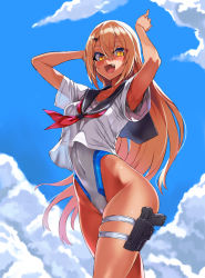 Rule 34 | 1girl, :d, armpits, arms note, asanagi, blonde hair, blue sky, blush, borrowed character, breasts, cloud, cloudy sky, competition swimsuit, covered navel, day, fang, gun, hair between eyes, hair ornament, hairclip, handgun, highleg, highleg swimsuit, highres, holster, holstered, leg holster, long hair, looking at viewer, one-piece swimsuit, open mouth, outdoors, sailor collar, school uniform, sky, small breasts, smile, solo, striped clothes, striped one-piece swimsuit, sun, swimming club kouhai (fukai ryousuke), swimsuit, tan, thigh holster, thigh strap, weapon