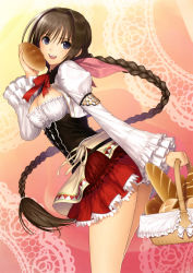 Rule 34 | 10s, 1girl, :d, absurdres, apron, basket, blue eyes, braid, bread, breasts, brown hair, cleavage, cleavage cutout, clothing cutout, corset, food, hair intakes, highres, leaning forward, long hair, looking at viewer, miniskirt, neris (shining hearts), open mouth, puffy sleeves, sega, shining (series), shining hearts, skirt, smile, solo, tony taka, very long hair