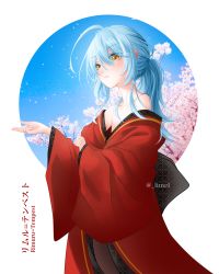 Rule 34 | 1other, absurdres, artist name, bare shoulders, blue hair, character name, eyelashes, hair between eyes, highres, japanese clothes, kimono, limecookie, long hair, ponytail, red kimono, rimuru tempest, solo, tensei shitara slime datta ken, white background, wide sleeves, yellow eyes
