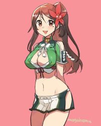 Rule 34 | 1girl, amagi (kancolle), arms behind back, artist name, breasts, brown eyes, brown hair, cleavage, cleavage cutout, clothing cutout, flower, hair flower, hair ornament, high ponytail, kantai collection, large breasts, leaf, leaf hair ornament, long hair, looking at viewer, maple leaf, midriff, miniskirt, mogamiya honu, mole, mole under eye, open mouth, pink background, ponytail, simple background, skirt, smile, solo, white skirt, wide ponytail