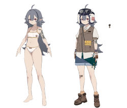 Rule 34 | 1girl, absurdres, ahoge, bare arms, bare legs, barefoot, bikini, boots, brown footwear, brown vest, closed mouth, collarbone, collared shirt, commentary, denim, denim shorts, flat chest, frown, gloves, goggles, goggles on headwear, grey gloves, grey hair, helmet, highres, long hair, looking at viewer, motorcycle helmet, multiple views, navel, original, paw print, pointy ears, red eyes, shirt, short sleeves, shorts, simple background, swimsuit, tattoo, vest, white background, white bikini, white shirt, xiu kukkii