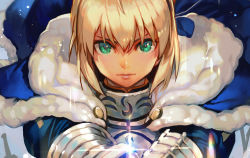 Rule 34 | 1girl, armor, armored dress, artoria pendragon (fate), blonde hair, blue dress, cape, dress, fate/stay night, fate (series), female knight, fur trim, green eyes, hair ribbon, hungry clicker, knight, lips, looking at viewer, portrait, ribbon, saber (fate), serious, sidelocks, solo