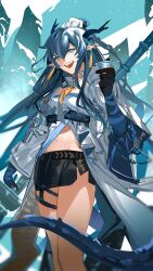 Rule 34 | 1girl, :d, absurdres, arknights, black skirt, blue eyes, blue hair, coat, commentary request, cup, feet out of frame, hair between eyes, hand up, highres, holding, holding cup, horns, ling (arknights), long hair, long sleeves, looking at viewer, magnolia29, miniskirt, navel, necktie, open clothes, open coat, open mouth, pointy ears, shirt, skirt, smile, solo, standing, stomach, strapless, strapless shirt, tail, very long hair, white coat, white shirt, yellow necktie