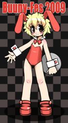 Rule 34 | 1girl, animal ears, bare legs, bare shoulders, blonde hair, blush, bow, bowtie, checkered background, child, collar, fake animal ears, flat chest, full body, miter, original, playboy bunny, rabbit ears, rami (miter), red eyes, shoes, short hair, smile, solo, standing, tray, wrist cuffs