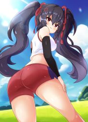 Rule 34 | 1girl, anger vein, annoyed, ass, bent over, black hair, blush, cross-popping veins, hair ribbon, hand on own leg, hand on own thigh, hand on thigh, hand to own mouth, highres, legs, long hair, looking at viewer, looking back, midriff, mrrollingcircle, neptune (series), noire (neptunia), pout, red eyes, ribbon, shorts, solo, sports bra, sportswear, thighs, tsundere, twintails