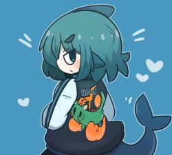Rule 34 | 1girl, black jacket, blue background, blue eyes, blue hair, blush, closed mouth, commentary request, fins, fish tail, from behind, fuka-chan, heart, highres, jacket, letterman jacket, long sleeves, looking at viewer, looking back, motion lines, original, print jacket, profile, puffy long sleeves, puffy sleeves, shark tail, short eyebrows, simple background, solo, tail, thick eyebrows, uni souchou