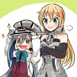 Rule 34 | 10s, 2girls, bad id, bad twitter id, bare shoulders, bismarck (kancolle), blonde hair, blue eyes, bow, bowtie, breasts, detached sleeves, grey hair, hair ribbon, hat, unworn headwear, itomugi-kun, kantai collection, kiyoshimo (kancolle), long hair, long sleeves, lowres, military, military hat, military uniform, multiple girls, open mouth, peaked cap, ribbon, school uniform, shirt, skirt, smile, star-shaped pupils, star (symbol), symbol-shaped pupils, twintails, uniform, very long hair, vest