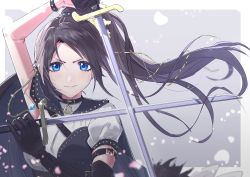 Rule 34 | arm up, black cape, black gloves, black hair, blue eyes, cape, dual wielding, elbow gloves, gloves, high ponytail, holding, idolmaster, idolmaster shiny colors, long hair, looking at viewer, mitsumine yuika, ogasawara, saber (weapon), shirt, sword, upper body, weapon, white shirt