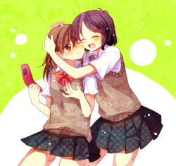 Rule 34 | 2girls, ^ ^, black hair, blush, bow, brown eyes, brown hair, brown vest, cellphone, cheek-to-cheek, closed eyes, closed mouth, hachiko (hati12), hand on another&#039;s head, happy, heads together, holding, holding phone, hug, looking at viewer, multiple girls, open mouth, original, phone, plaid, red bow, red neckwear, school uniform, shirt, short hair, short sleeves, simple background, skirt, smile, sweater vest, vest, white shirt, yuri