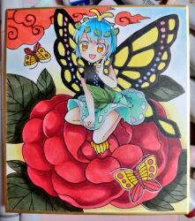 Rule 34 | 1girl, antennae, bare legs, barefoot, blue hair, bug, butterfly, butterfly wings, dress, eternity larva, fairy, flower, green dress, insect, insect wings, kneeling, leaf, leaf on head, multicolored clothes, multicolored dress, photo (medium), proton, red flower, short hair, short sleeves, solo, touhou, wings, yellow eyes, yellow wings