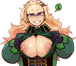 Rule 34 | 1girl, aethella mugolm, bad id, bad pixiv id, black gloves, blonde hair, breasts, cleavage, commentary, corset, earrings, english commentary, exhibitionism, flashing, forehead, glasses, gloves, gradient hair, grin, hair ornament, hairclip, huge breasts, jacket, jewelry, lace, long hair, looking at viewer, mole, mole under eye, multicolored hair, musical note, nipples, no bra, open clothes, open jacket, original, public indecency, rimless eyewear, risk hunters, short eyebrows, smile, solo, spoken musical note, tenk, unbuttoned, underwear, uniform, white background