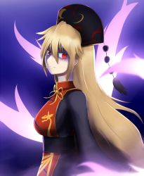 Rule 34 | 1girl, black dress, blonde hair, chinese clothes, crescent, crying, crying with eyes open, dress, energy, fox tail, from side, glowing, glowing eye, gnlo, hair between eyes, hat, junko (touhou), long hair, long sleeves, looking at viewer, multiple tails, red eyes, sash, shaded face, sidelocks, solo, tabard, tail, tears, touhou, upper body, wide sleeves