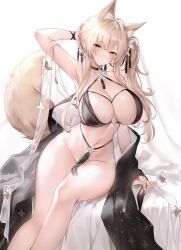 Rule 34 | 1girl, absurdres, animal ear fluff, animal ears, arm behind head, arm up, armpits, bare arms, bare shoulders, bikini, bikini top only, black bikini, black choker, black ribbon, blonde hair, blush, bottomless, breasts, choker, cleavage, convenient censoring, cowboy shot, flower, fox ears, fox girl, fox tail, green eyes, groin, hair flower, hair ornament, hair ribbon, hand on own head, highres, large breasts, looking at viewer, multi-strapped bikini top, navel, off shoulder, original, parted lips, ribbon, scan, shawl, side ponytail, sidelocks, sitting, solo, sora 72-iro, stomach, swimsuit, tail, thighs, yellow tail