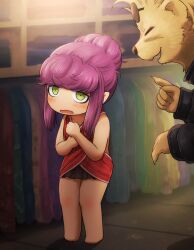 Rule 34 | 1boy, 1girl, bare arms, bare shoulders, barefoot, black shirt, blush, brown-tinted eyewear, character request, commentary request, dress, eyewear on head, furry, furry male, green eyes, hair bun, hakumei to mikochi, highres, indoors, long sleeves, open mouth, own hands together, pointy ears, puffy long sleeves, puffy sleeves, purple hair, red dress, shirosato, shirt, sleeveless, sleeveless dress, sleeves past wrists, solo focus, standing, sunglasses, tinted eyewear, wavy mouth