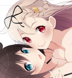 Rule 34 | 10s, 2girls, :d, bare shoulders, bikini, bikini top only, black bikini, blue eyes, blue nails, blush, braid, breast press, breasts, brown hair, cleavage, close-up, collarbone, female focus, french braid, girl on top, hair between eyes, hair flaps, hair ornament, hair ribbon, hairclip, highres, imminent kiss, kantai collection, lips, looking at viewer, lying, multiple girls, nail polish, neck, on back, on person, open mouth, remodel (kantai collection), ribbon, shigure (kancolle), simple background, smile, swimsuit, symmetrical docking, tebi (tbd11), upper body, white background, yuri, yuudachi (kancolle)