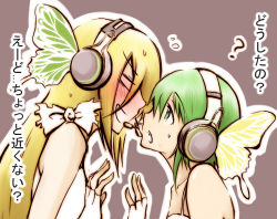 Rule 34 | 2girls, ?, bad id, bad pixiv id, blush, butterfly wings, face-to-face, fingerless gloves, gloves, gumi, headphones, insect wings, lily (vocaloid), lowres, magnet, magnet (vocaloid), microphone, multiple girls, vocaloid, wings, y@n, yuri