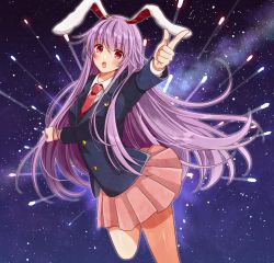 Rule 34 | 1girl, animal ears, arms up, blue jacket, blue sky, blush, breasts, buttons, collared jacket, collared shirt, commentary request, crescent, crescent pin, eyes visible through hair, hair between eyes, hands up, jacket, leg up, long hair, long sleeves, looking at viewer, medium breasts, miniskirt, necktie, night, night sky, okawa friend, open mouth, pink eyes, pink skirt, pointing, purple hair, rabbit ears, red necktie, reisen udongein inaba, shirt, skirt, sky, solo, standing, standing on one leg, star (sky), starry sky, teeth, tongue, touhou, white shirt