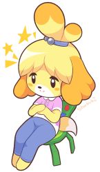 Rule 34 | 1girl, absurdres, animal crossing, animal ears, artist name, barefoot, black eyes, blonde hair, blue pants, blush stickers, chair, closed mouth, dog ears, dog girl, dog tail, female focus, flat chest, full body, furry, furry female, hair bobbles, hair ornament, hair tie, hands up, happy, highres, isabelle (animal crossing), nintendo, own hands together, pants, pink shirt, shirt, short hair, short sleeves, signature, simple background, sitting, smile, solo, star (symbol), starbirbz, tail, topknot, white background