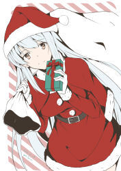 Rule 34 | 1girl, brown eyes, capelet, commentary request, cowboy shot, dress, fur-trimmed capelet, fur-trimmed dress, fur trim, gift, gloves, hat, highres, kantai collection, long hair, looking at viewer, red capelet, red dress, red hat, sack, santa dress, santa hat, shoukaku (kancolle), solo, striped, striped background, taira yuuki, white gloves, white hair