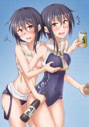Rule 34 | 2girls, anti (untea9), asymmetrical hair, black hair, blue background, blush, bottle, breast cutout, breasts, brown eyes, can, cowboy shot, framed breasts, grabbing, grabbing from behind, gradient background, hair between eyes, highres, holding, holding bottle, holding can, i-13 (kancolle), i-14 (kancolle), kantai collection, masu, medium breasts, multiple girls, navel, open mouth, school swimsuit, short hair, squiggle, surprised, swimsuit, torn clothes