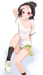 Rule 34 | 1girl, absurdres, azur lane, bare shoulders, black hair, black socks, blouse, blush, breasts, clothes writing, commentary request, cooper (azur lane), cooper (blazing tennis battle) (azur lane), ero mang-a, green skirt, hachimaki, headband, highres, looking at viewer, miniskirt, open mouth, pink eyes, pleated skirt, shirt, shoes, short hair, short sleeves, simple background, sitting, skirt, small breasts, smile, socks, solo, thighs, white background, white footwear, white shirt