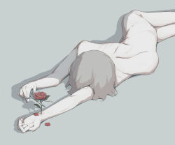Rule 34 | 1boy, absurdres, avogado6, colored skin, completely nude, cutting, flower, grey background, grey hair, highres, holding, holding scissors, male focus, nude, red flower, red rose, rose, scissors, simple background, solo, symbolism, white skin