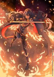 Rule 34 | 1girl, armor, blue cape, blue eyes, blue hair, cape, dark sky, embers, falchion (fire emblem), fire, fire emblem, fire emblem awakening, gloves, highres, holding, holding sword, holding weapon, k3nzoteruta, looking at viewer, lucina (fire emblem), nintendo, scabbard, serious, sheath, solo, standing, strap, sword, symbol-shaped pupils, tree, weapon
