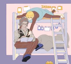 Rule 34 | 2boys, alternate costume, bed, heracles (fate), bespectacled, black hair, blanket, blonde hair, book, bunk bed, earrings, fate/grand order, fate (series), glasses, green eyes, highres, jason (fate), jewelry, ladder, long hair, messy hair, multiple boys, pajamas, ponytail, red eyes, short hair, slippers, under covers, vest
