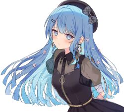 Rule 34 | 1girl, beret, black hat, blue eyes, blue hair, bow, breasts, choker, closed mouth, earrings, flower, flower on head, hair between eyes, hair ornament, hairclip, hat, highres, hololive, hoshimachi suisei, hoshimachi suisei (maid), jewelry, kohaku (csacu), long hair, looking at viewer, official alternate costume, official alternate hairstyle, petals, see-through, short sleeves, skirt, sky, small breasts, smile, solo, star (sky), virtual youtuber, white background, zipper