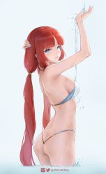 Rule 34 | 1girl, absurdres, alternate costume, aqua background, arm behind head, arms up, ass, back, bare arms, bikini, blue eyes, breasts, butt crack, cowboy shot, from side, genshin impact, gradient background, highres, janload1ng, long hair, looking at viewer, low twintails, medium breasts, nilou (genshin impact), parted bangs, parted lips, pixiv logo, red hair, sideboob, solo, straight hair, strapless, strapless bikini, string bikini, swimsuit, thighs, twintails, twitter logo, twitter username, very long hair, wading, water, wet, white bikini