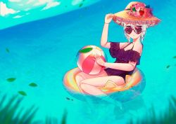 Rule 34 | ball, beachball, day, doll joints, double bun, flower, granblue fantasy, hair bun, hat, hat flower, holding, holding ball, holding clothes, holding hat, innertube, joints, looking at viewer, one-piece swimsuit, orchis, outdoors, shingeki no bahamut, straw hat, summer, sun hat, sunglasses, suulore, swim ring, swimsuit, yellow hat