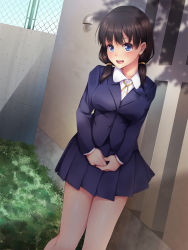Rule 34 | 1girl, bare legs, black hair, blouse, blue eyes, blush, breasts, collared shirt, dappled sunlight, day, dutch angle, grass, happy, highres, large breasts, legs, legs together, long hair, long sleeves, looking at viewer, miniskirt, nyan kyatto, open mouth, original, outdoors, own hands together, school uniform, shadow, shirt, skirt, smile, solo, standing, sunlight, teeth, thighs, twintails, upper teeth only, white shirt