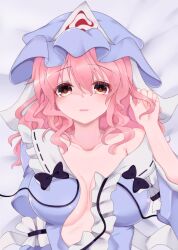 Rule 34 | 1girl, blue hat, breasts, commentary request, hat, highres, ibuibuyou, large breasts, looking at viewer, lying, medium hair, mob cap, on back, on bed, open clothes, pink eyes, pink hair, saigyouji yuyuko, solo, touhou, triangular headpiece, upper body