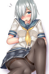Rule 34 | 10s, 1girl, bad id, bad pixiv id, blue eyes, blush, breasts, flying sweatdrops, gloves, hair ornament, hair over one eye, hairclip, hamakaze (kancolle), highres, kantai collection, leg up, looking at viewer, open mouth, pantyhose, school uniform, serafuku, short hair, silver hair, simple background, skirt, solo, terakoya, thighband pantyhose, thighs, white background, white gloves