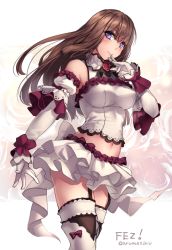 Rule 34 | !, 1girl, aruma jiki, bare shoulders, bow, brown hair, character request, choker, closed mouth, copyright name, cowboy shot, detached sleeves, eyebrows, fantasy earth zero, floral background, flower, frilled skirt, frills, from below, garter straps, gloves, hand to own mouth, lace, lace-trimmed shirt, lace-trimmed sleeves, lace trim, long hair, looking at viewer, midriff, miniskirt, puffy sleeves, purple eyes, rose, rose background, shirt, skirt, smoke, solo, straight hair, thighhighs, twitter username, white skirt, white thighhighs