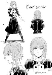 Rule 34 | 1girl, braid, character name, closed mouth, crown braid, fire emblem, fire emblem: three houses, from behind, from side, garreg mach monastery uniform, greyscale, hino michi, long sleeves, marianne von edmund, monochrome, multiple views, nintendo, open mouth, pantyhose, simple background, twitter username, uniform, white background