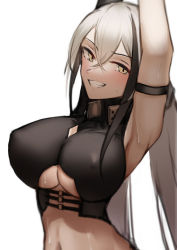 1girl, armpits, arms up, breasts, erect nipples, gaia (girls frontline), girls frontline, grin, hair between eyes, highres, large breasts, long hair, looking at viewer, low twintails, periory, sangvis ferri, silver hair, simple background, smile, solo, sweat, twintails, underboob, upper body, white background, yellow eyes