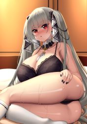Rule 34 | 1girl, absurdres, ass, azur lane, between breasts, black bra, black nails, black panties, blush, bra, breasts, cleavage, collarbone, commentary request, earrings, formidable (azur lane), grey hair, hair ribbon, hand on own ass, heavy breathing, highres, jewelry, kaedeno yuu, kneehighs, lace, lace-trimmed bra, lace trim, large breasts, long hair, looking at viewer, lying, nail polish, on side, open mouth, panties, red eyes, ribbon, socks, solo, sweat, thighs, twintails, two-tone ribbon, underwear, very long hair, white socks