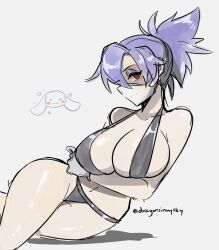 Rule 34 | 1girl, bikini, blue hair, d-ryuu, gloves, grey background, latex, latex gloves, looking at viewer, lying, mouth mask, ponytail, red eyes, sketch, skullgirls, smile, solo, surgical mask, swimsuit, valentine (skullgirls), wide hips