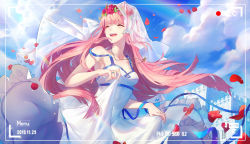 Rule 34 | 1girl, absurdres, blue sky, breasts, closed eyes, cloud, collarbone, darling in the franxx, day, dress, floating hair, highres, horns, huge filesize, jewelry, long hair, medium breasts, nhan, off shoulder, ornate ring, outdoors, pendant, petals, pink hair, rainbow, ring, skirt hold, sky, sleeveless, sleeveless dress, solo, standing, sundress, very long hair, wedding ring, white dress, zero two (darling in the franxx)
