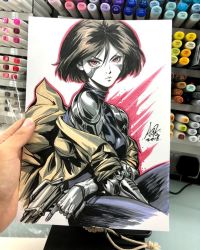 Rule 34 | 1girl, alita, art tools in frame, battle angel alita, black hair, bodysuit, breasts, cyborg, dated, facial mark, gun, hair between eyes, holding, holding gun, holding weapon, lips, looking at viewer, medium breasts, off shoulder, photo (medium), pink eyes, short hair, signature, solo, stanley lau, traditional media, weapon, white background