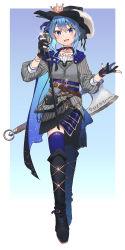 Rule 34 | 1girl, absurdres, alternate costume, asymmetrical legwear, axe, belt, belt buckle, black footwear, black gloves, black hat, black legwear, blue capelet, blue eyes, blue hair, blue legwear, blush, boots, buckle, capelet, choker, collarbone, commentary request, crown, dungeons &amp; dragons, duplicate, gloves, hair between eyes, hat, highres, holding, holding microphone, hololive, hoshimachi suisei, looking at viewer, medium hair, microphone, mini crown, mismatched legwear, open mouth, pixel-perfect duplicate, short sleeves, side ponytail, smile, solo, star (symbol), tsukino (nakajimaseiki), two-tone background, virtual youtuber, weapon, weapon on back