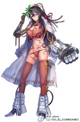 Rule 34 | 1girl, amputee, artist name, black hair, breasts, brown thighhighs, cleavage, clenched hand, coat, company name, cyborg, full body, gauntlets, grey footwear, groin, hair ribbon, jacket, jacket on shoulders, long hair, mechanical arms, medium breasts, midriff, navel, official art, panties, phima, pink panties, plant, prosthesis, purple eyes, red ribbon, ribbon, simple background, single mechanical arm, skindentation, solo, thighhighs, underwear, white coat, yuba no shirushi